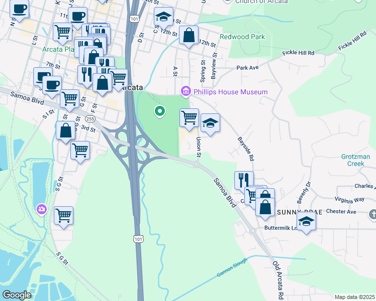 map of restaurants, bars, coffee shops, grocery stores, and more near 455 Union Street in Arcata