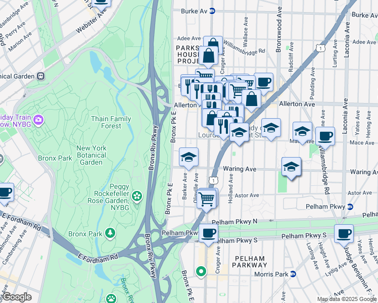 map of restaurants, bars, coffee shops, grocery stores, and more near 660 Mace Avenue in The Bronx