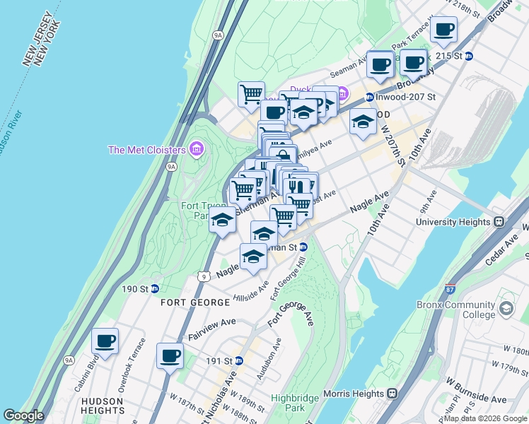 map of restaurants, bars, coffee shops, grocery stores, and more near 48 Sherman Avenue in New York