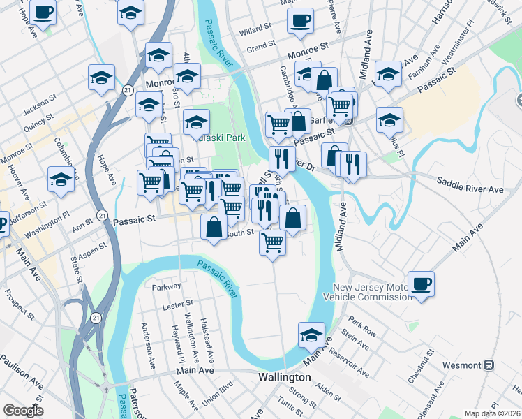 map of restaurants, bars, coffee shops, grocery stores, and more near 190 8th Street in Passaic