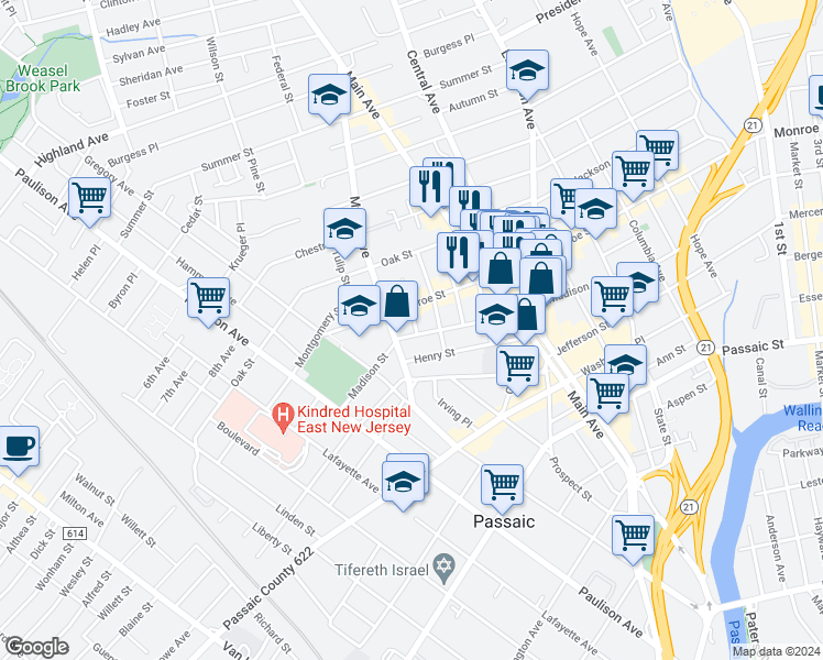 map of restaurants, bars, coffee shops, grocery stores, and more near 389 Monroe Street in Passaic