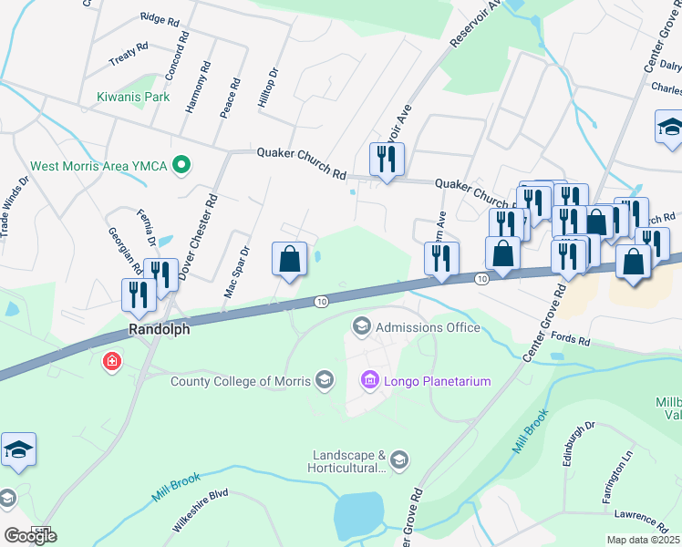 map of restaurants, bars, coffee shops, grocery stores, and more near 648 New Jersey 10 in Randolph