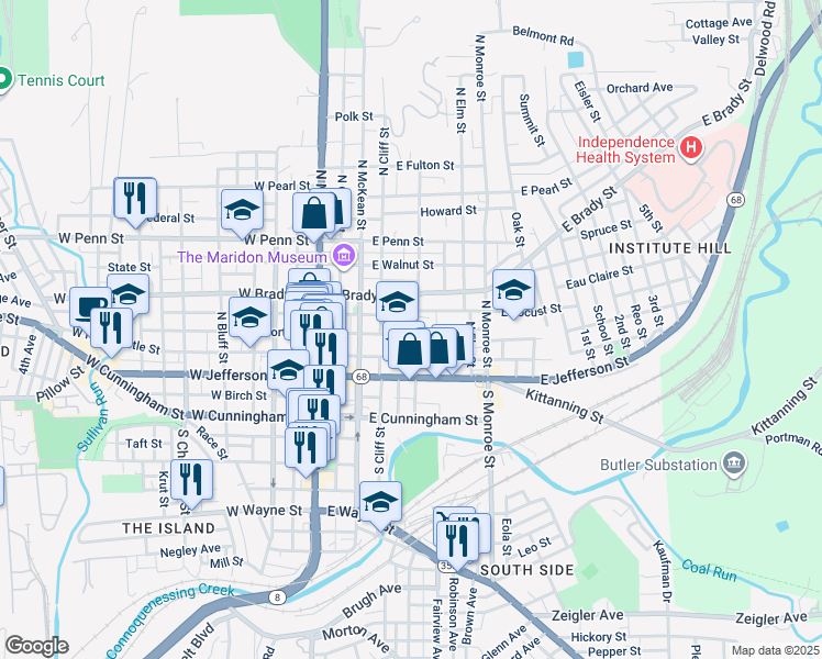 map of restaurants, bars, coffee shops, grocery stores, and more near 222 Franklin Street in Butler