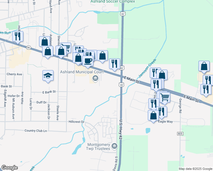 map of restaurants, bars, coffee shops, grocery stores, and more near 1251 East Main Street in Ashland