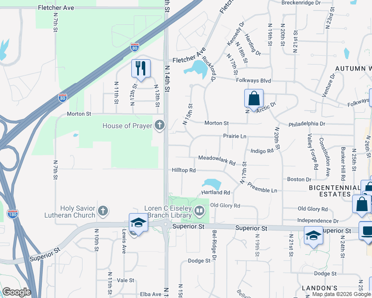 map of restaurants, bars, coffee shops, grocery stores, and more near 5201 North 15th Street in Lincoln