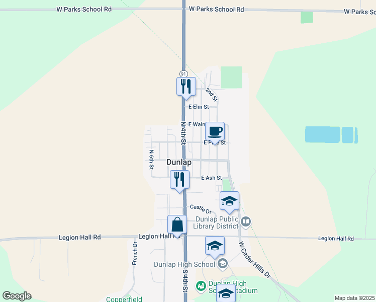 map of restaurants, bars, coffee shops, grocery stores, and more near 101-147 West Pine Street in Dunlap