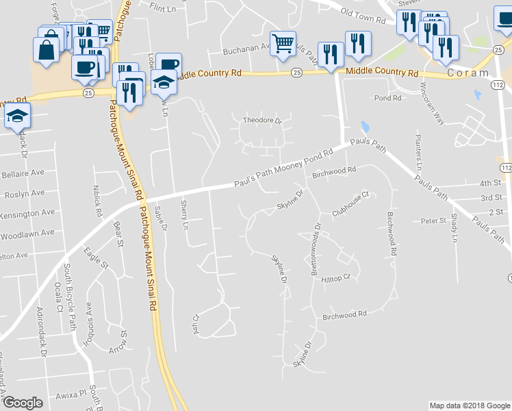 map of restaurants, bars, coffee shops, grocery stores, and more near 95 Skyline Drive in Coram