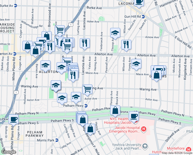 map of restaurants, bars, coffee shops, grocery stores, and more near 1145 Mace Avenue in Bronx