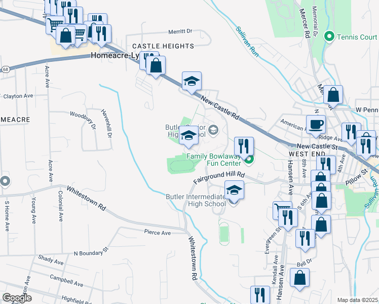 map of restaurants, bars, coffee shops, grocery stores, and more near 210 Campus Lane in Butler
