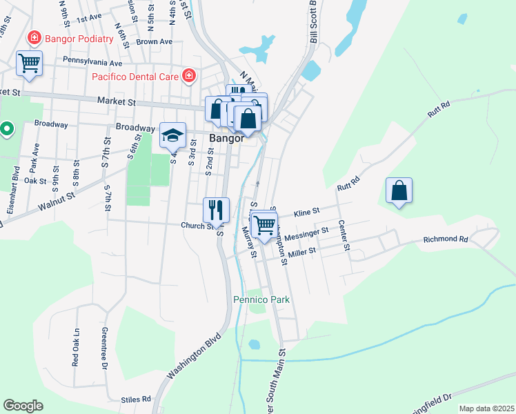 map of restaurants, bars, coffee shops, grocery stores, and more near Main Street in Bangor