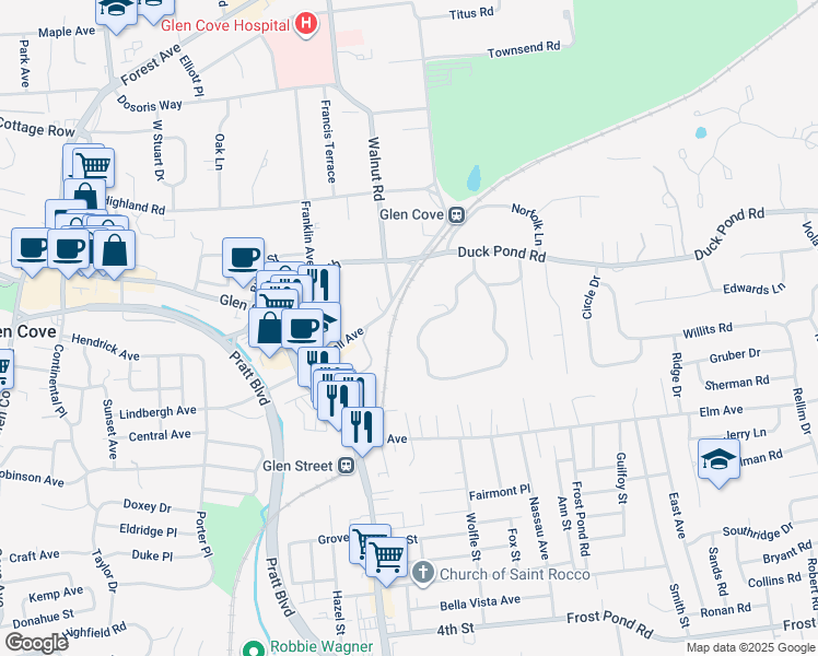 map of restaurants, bars, coffee shops, grocery stores, and more near 6 Meadow Spring Lane in Glen Cove