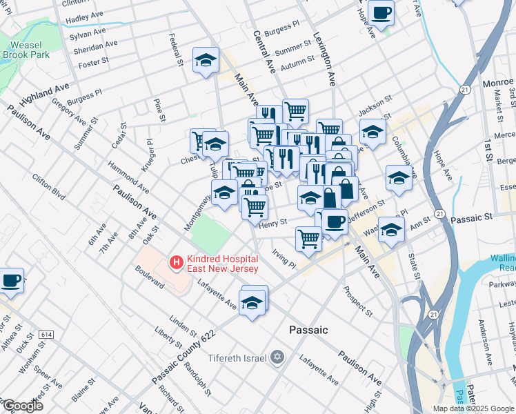 map of restaurants, bars, coffee shops, grocery stores, and more near 389 Monroe Street in Passaic