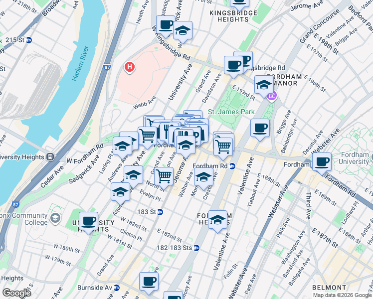 map of restaurants, bars, coffee shops, grocery stores, and more near 25 West Fordham Road in Bronx