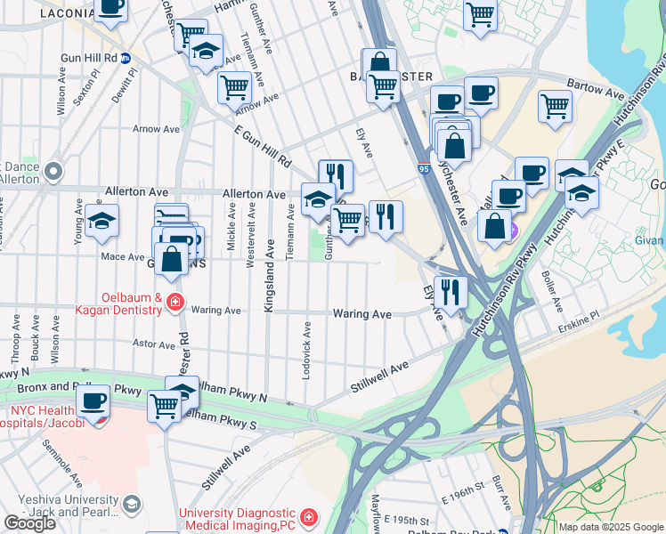 map of restaurants, bars, coffee shops, grocery stores, and more near in Bronx
