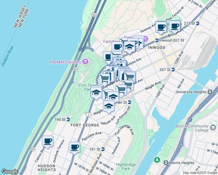 map of restaurants, bars, coffee shops, grocery stores, and more near 48 Sherman Avenue in New York