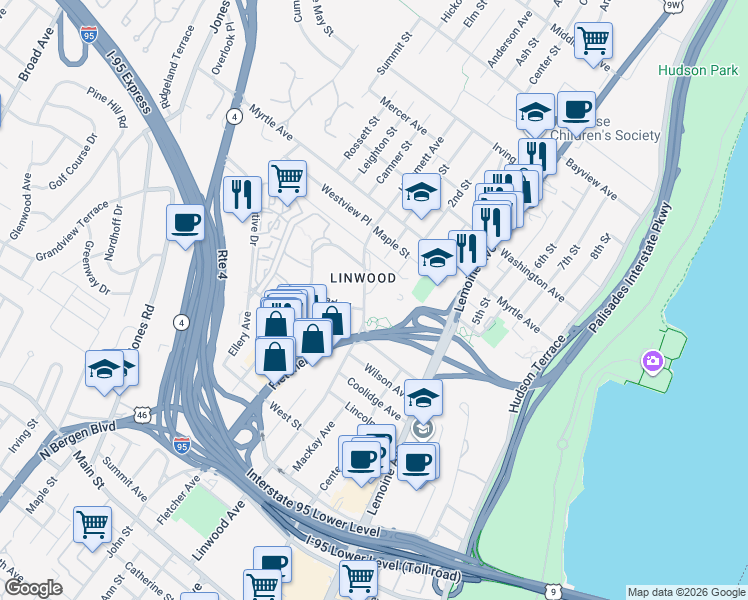 map of restaurants, bars, coffee shops, grocery stores, and more near 2348-2352 Linwood Avenue in Fort Lee
