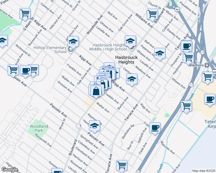 map of restaurants, bars, coffee shops, grocery stores, and more near 244 Boulevard in Hasbrouck Heights