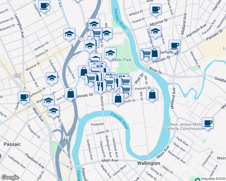map of restaurants, bars, coffee shops, grocery stores, and more near 48 3rd Street in Passaic