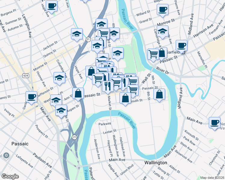 map of restaurants, bars, coffee shops, grocery stores, and more near 48 3rd Street in Passaic