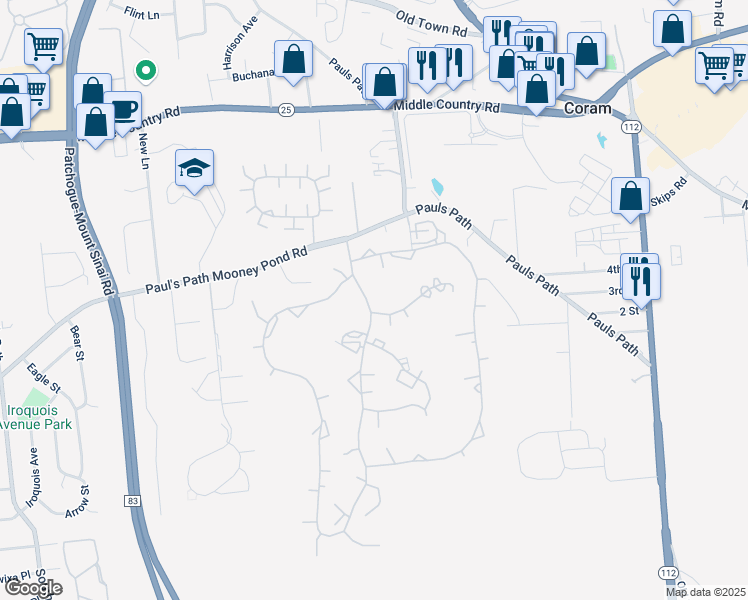 map of restaurants, bars, coffee shops, grocery stores, and more near 425 Clubhouse Court in Coram