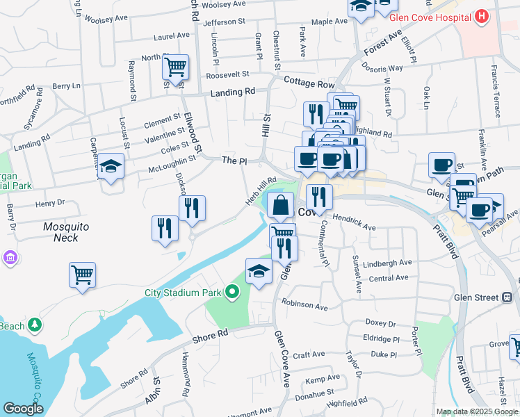 map of restaurants, bars, coffee shops, grocery stores, and more near 59 Charles Street in Glen Cove