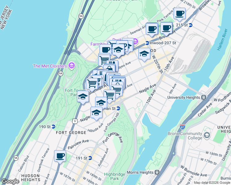 map of restaurants, bars, coffee shops, grocery stores, and more near 130 Dyckman Street in New York