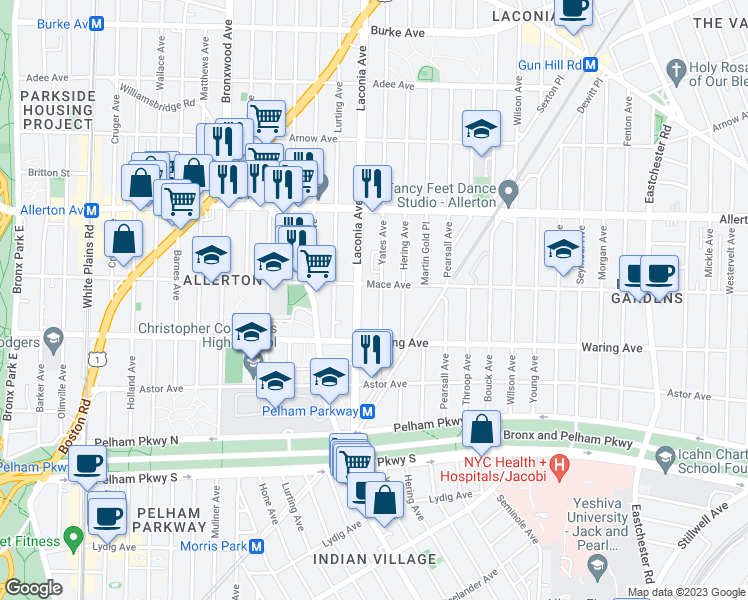 map of restaurants, bars, coffee shops, grocery stores, and more near 1105 Mace Avenue in Bronx