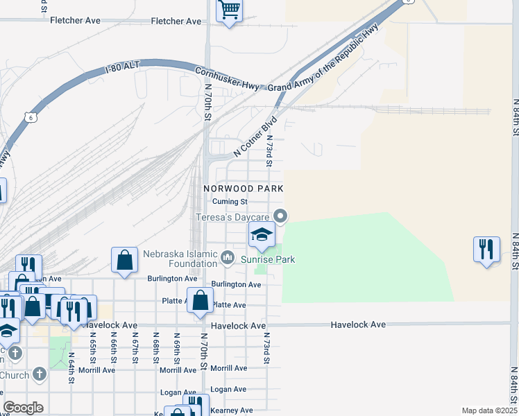 map of restaurants, bars, coffee shops, grocery stores, and more near 5003 North 73rd Street in Lincoln