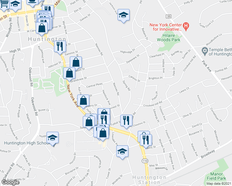 map of restaurants, bars, coffee shops, grocery stores, and more near 252 Nassau Road in Huntington