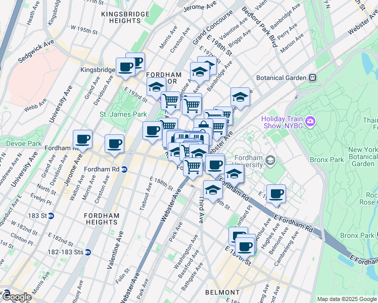 map of restaurants, bars, coffee shops, grocery stores, and more near in The Bronx