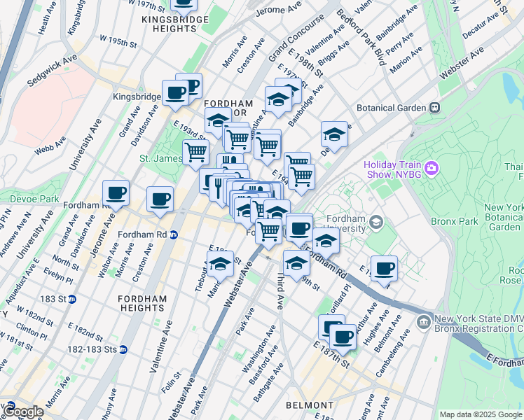 map of restaurants, bars, coffee shops, grocery stores, and more near 2561 Bainbridge Avenue in Bronx