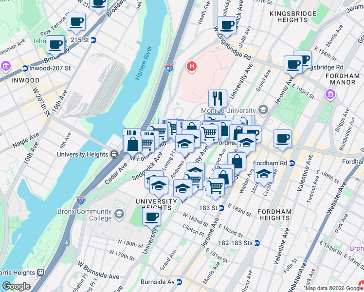 map of restaurants, bars, coffee shops, grocery stores, and more near 172 West Fordham Road in The Bronx