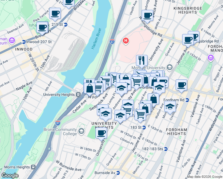 map of restaurants, bars, coffee shops, grocery stores, and more near 172 West Fordham Road in The Bronx