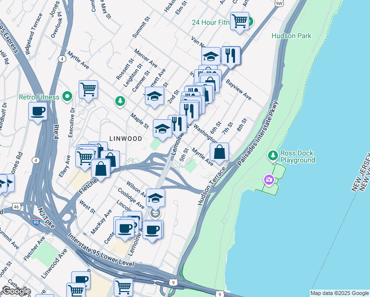 map of restaurants, bars, coffee shops, grocery stores, and more near 2439 5th Street in Fort Lee
