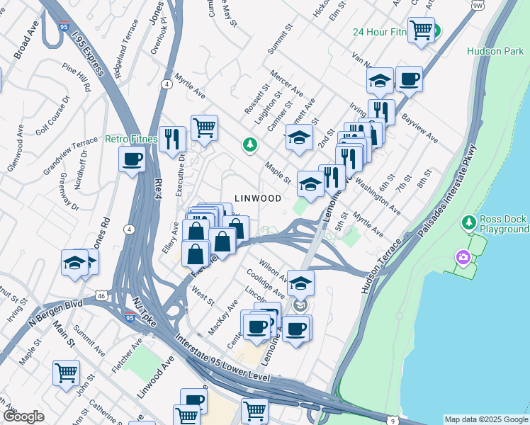 map of restaurants, bars, coffee shops, grocery stores, and more near 2348-2352 Linwood Avenue in Fort Lee