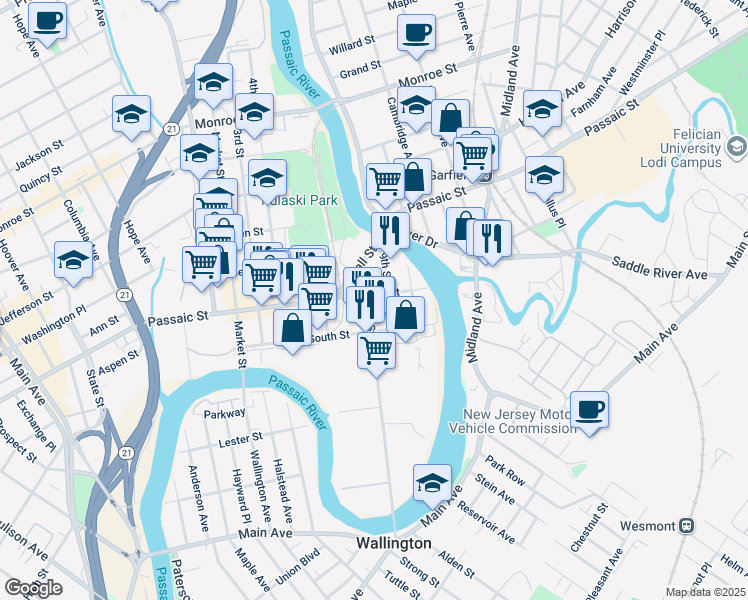 map of restaurants, bars, coffee shops, grocery stores, and more near 190 8th Street in Passaic