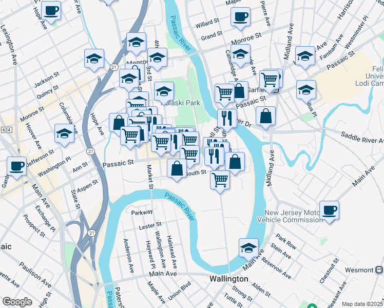 map of restaurants, bars, coffee shops, grocery stores, and more near 60 Wall Street in Passaic