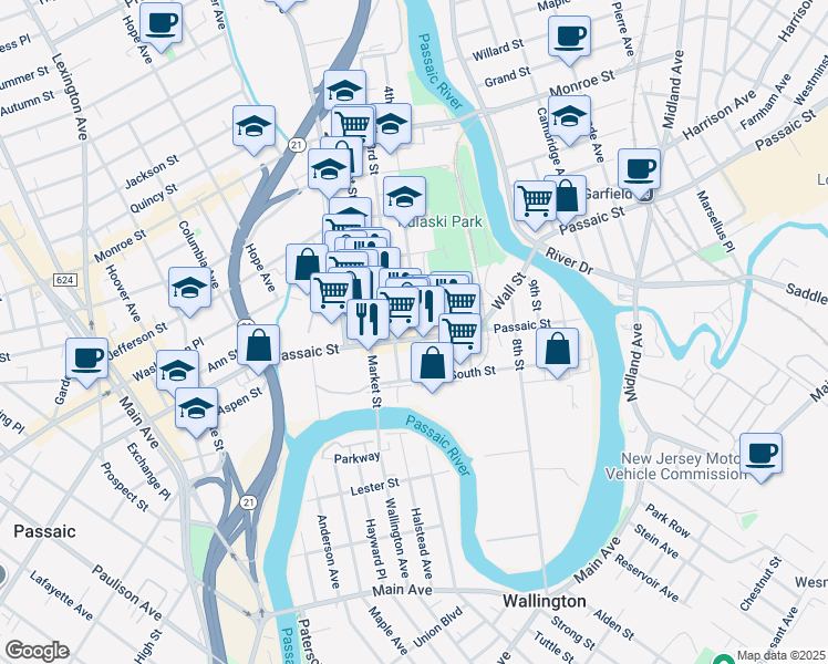 map of restaurants, bars, coffee shops, grocery stores, and more near 48 3rd Street in Passaic