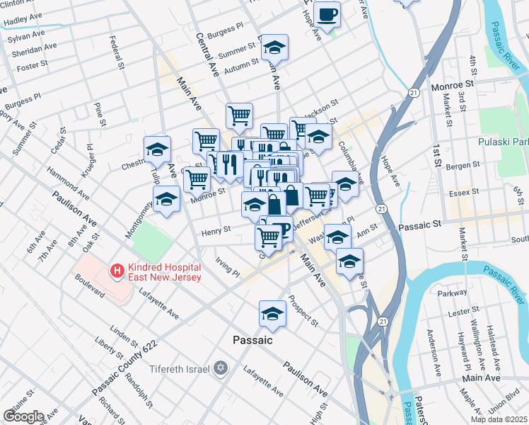 map of restaurants, bars, coffee shops, grocery stores, and more near 739 Main Avenue in Passaic