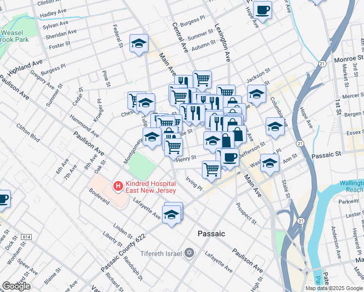 map of restaurants, bars, coffee shops, grocery stores, and more near 389 Monroe Street in Passaic