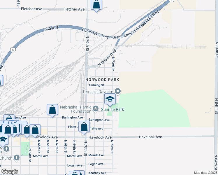 map of restaurants, bars, coffee shops, grocery stores, and more near 5003 North 73rd Street in Lincoln
