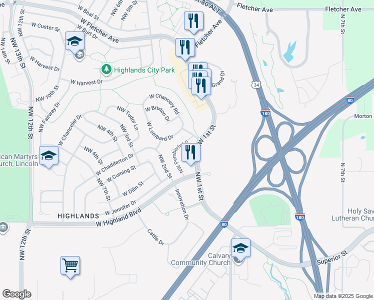 map of restaurants, bars, coffee shops, grocery stores, and more near 5139 Northwest Pemberly Lane in Lincoln