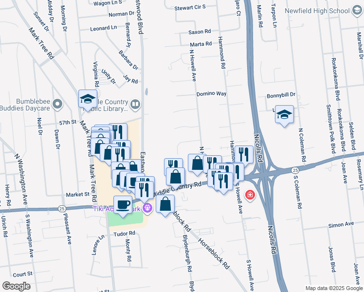 map of restaurants, bars, coffee shops, grocery stores, and more near 7 Rock Island Road in Centereach