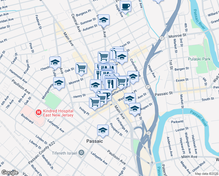map of restaurants, bars, coffee shops, grocery stores, and more near 26 Lexington Avenue in Passaic