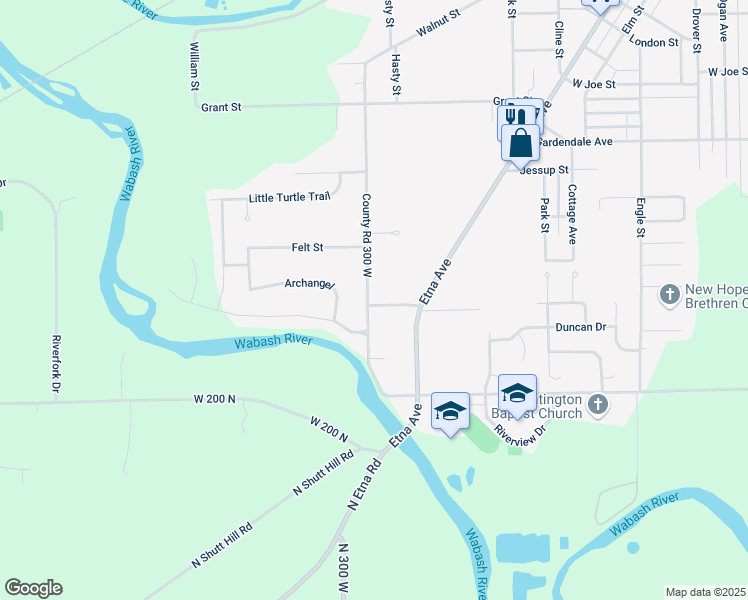 map of restaurants, bars, coffee shops, grocery stores, and more near 1340-1598 County Road 300 West in Huntington