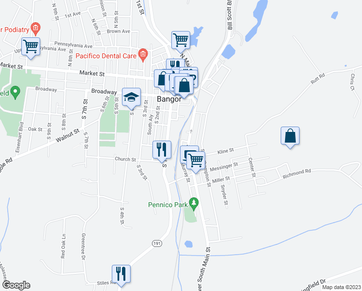 map of restaurants, bars, coffee shops, grocery stores, and more near 201 South Murray Street in Bangor