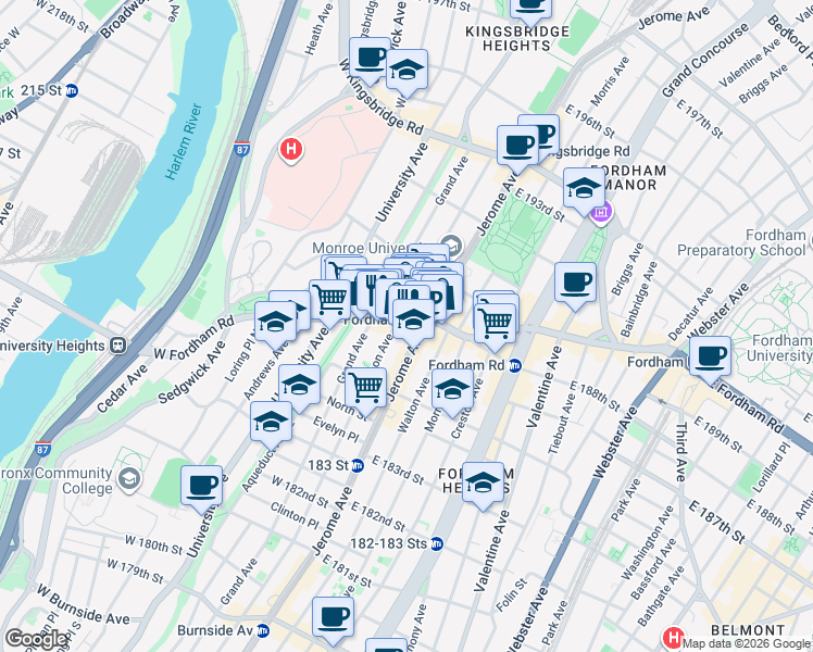 map of restaurants, bars, coffee shops, grocery stores, and more near 25 West Fordham Road in Bronx