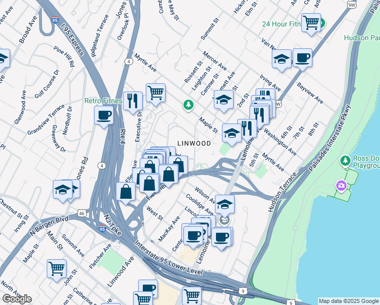 map of restaurants, bars, coffee shops, grocery stores, and more near 401 Park Place in Fort Lee