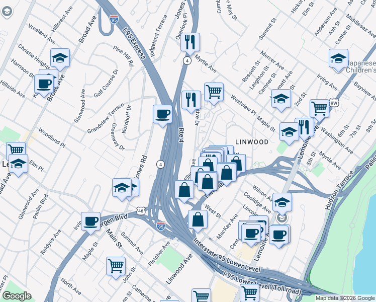 map of restaurants, bars, coffee shops, grocery stores, and more near 1 Executive Drive in Fort Lee