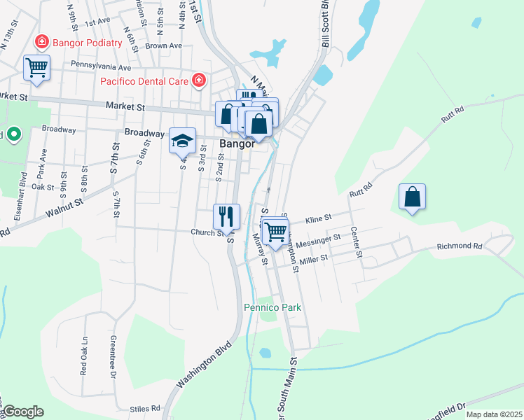 map of restaurants, bars, coffee shops, grocery stores, and more near 310 South Main Street in Bangor